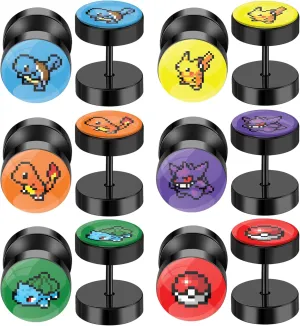 | Set of 6 Pairs Anime Pixel Monster Cosplay Plug Earrings for Men and Women | Fake Gauge Earring | 8 Bits Jewelry Art