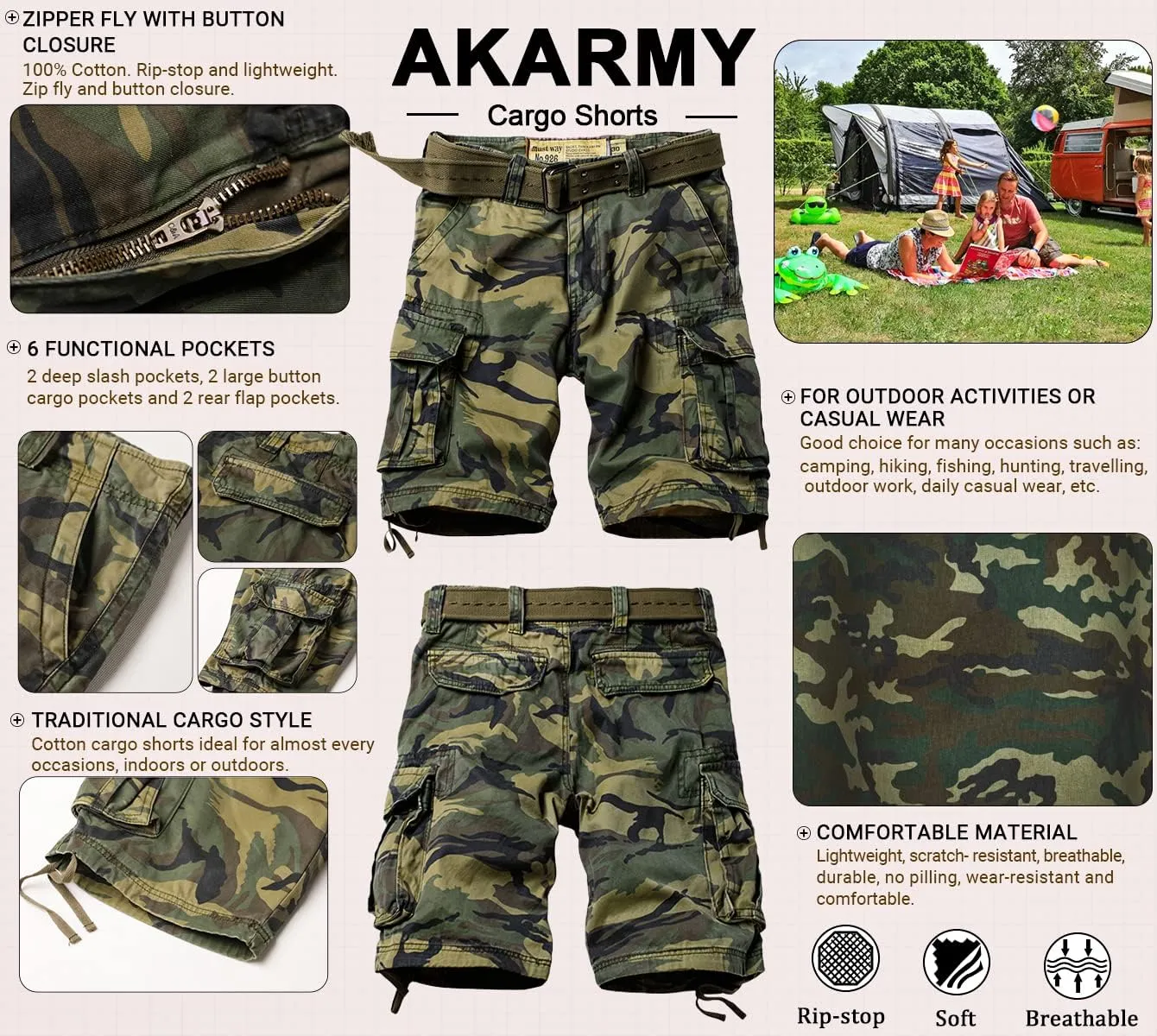 AKARMY Men's Cotton Casual Multi Pocket Outdoor Camouflage Shorts Twill Camo Cargo Shorts(No Belt)
