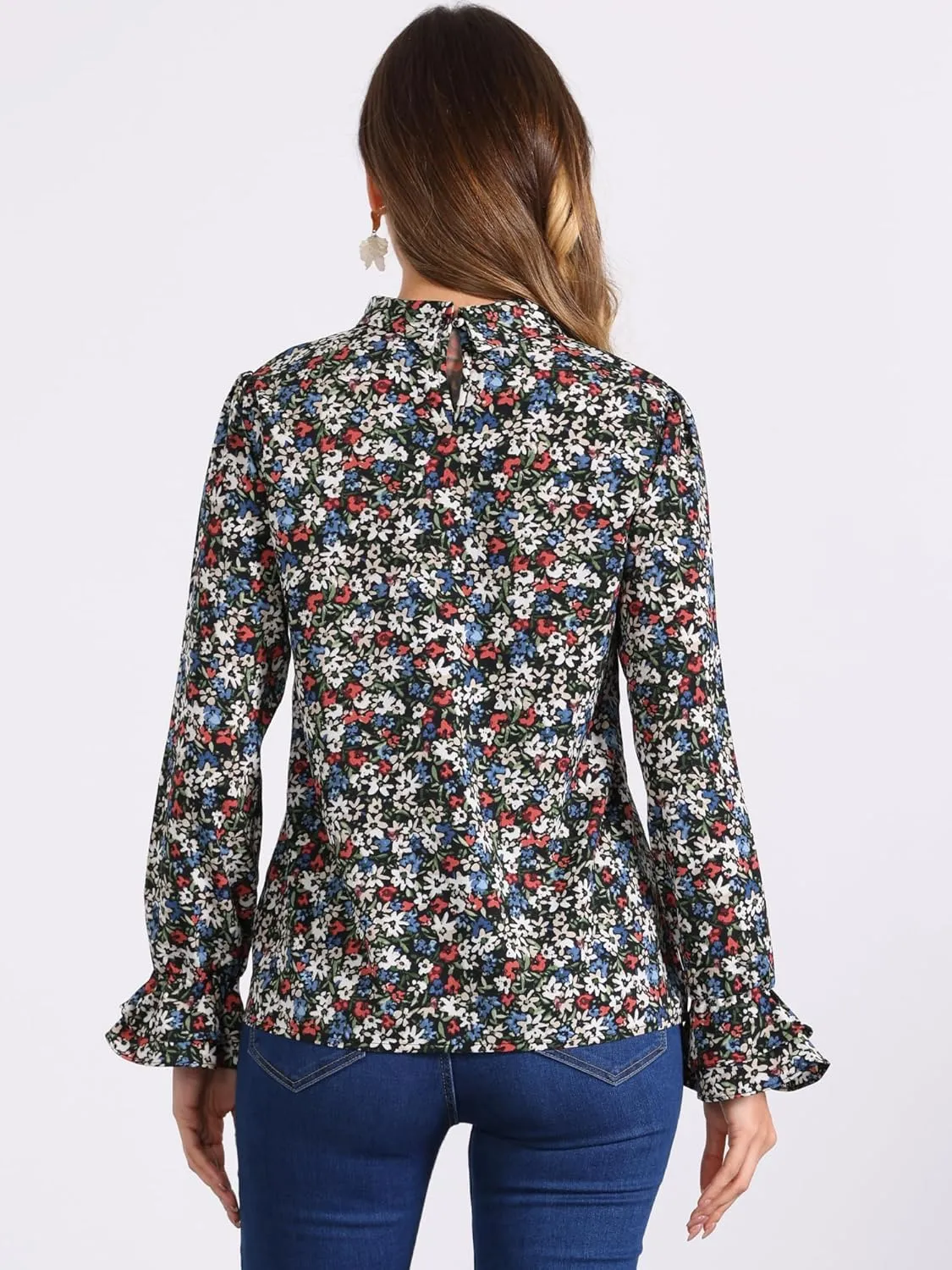 Allegra K Women's Long Sleeve Blouse Floral Tie Neck Chiffon Ruffle Trumpet Top