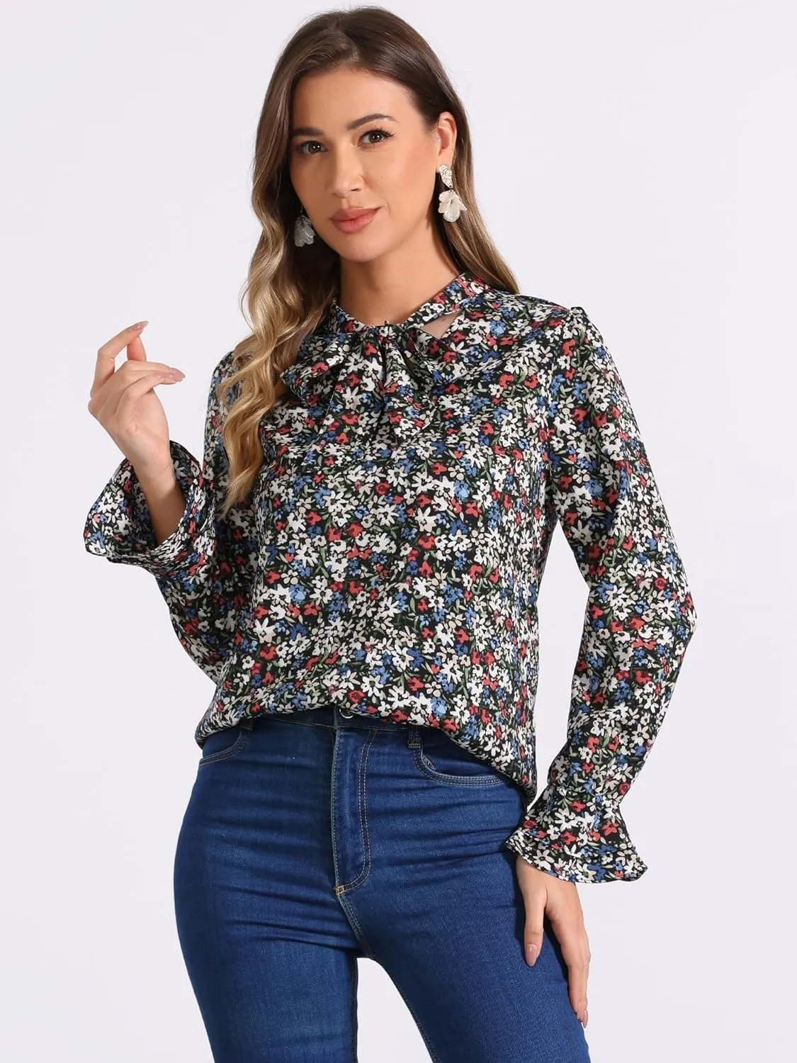 Allegra K Women's Long Sleeve Blouse Floral Tie Neck Chiffon Ruffle Trumpet Top