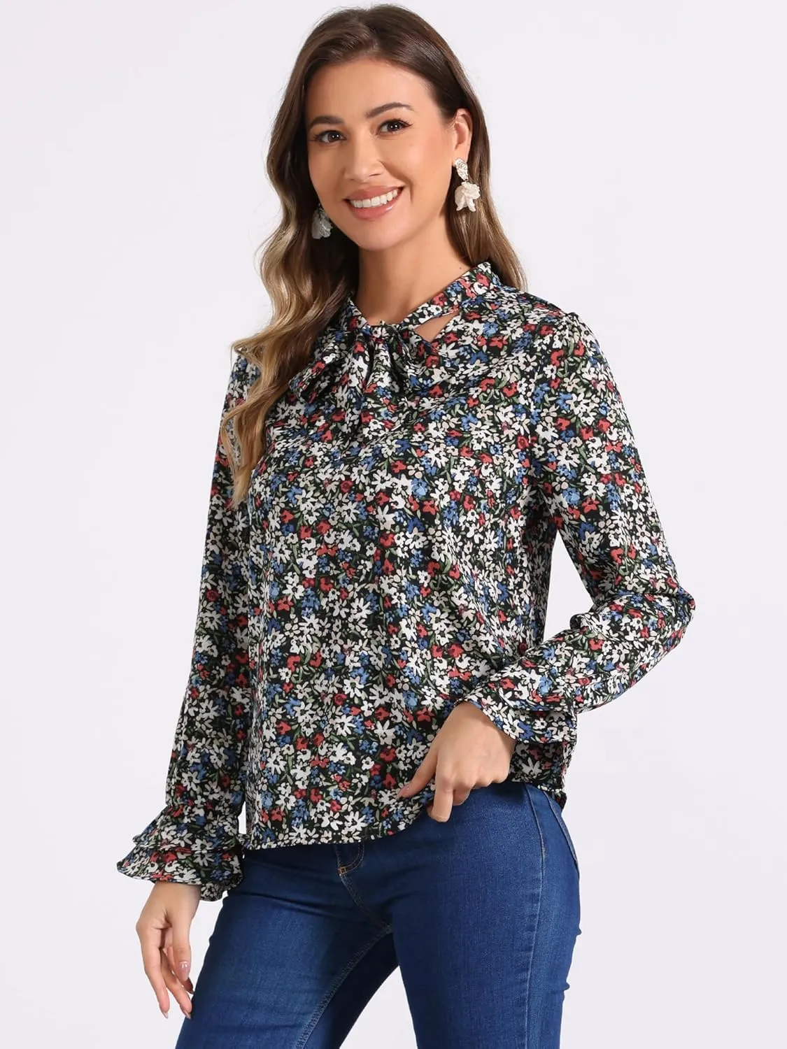 Allegra K Women's Long Sleeve Blouse Floral Tie Neck Chiffon Ruffle Trumpet Top