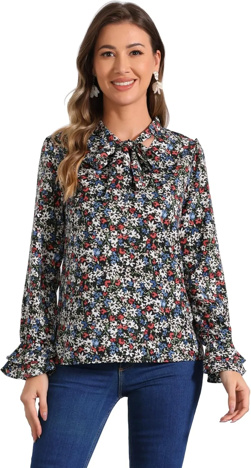 Allegra K Women's Long Sleeve Blouse Floral Tie Neck Chiffon Ruffle Trumpet Top