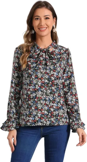 Allegra K Women's Long Sleeve Blouse Floral Tie Neck Chiffon Ruffle Trumpet Top