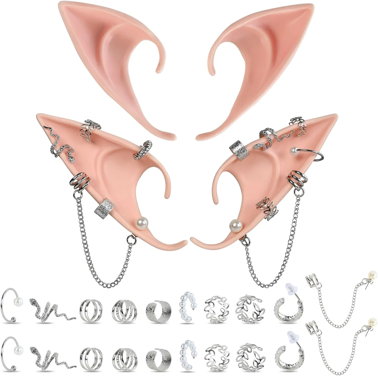 Elf Ears Piercings Earring Cuffs - Halloween Fairy Pixie Soft Pointed Ear with Non-Piercing Silver Hoop Pearl Earrings Chain Set,Christmas Party Dress Up Vampire Tips Anime Accessories