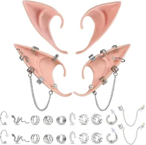 Elf Ears Piercings Earring Cuffs - Halloween Fairy Pixie Soft Pointed Ear with Non-Piercing Silver Hoop Pearl Earrings Chain Set,Christmas Party Dress Up Vampire Tips Anime Accessories