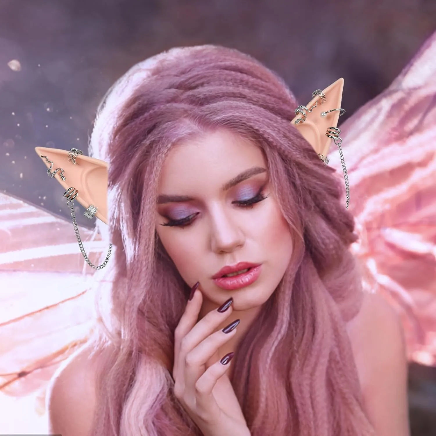 Elf Ears Piercings Earring Cuffs - Halloween Fairy Pixie Soft Pointed Ear with Non-Piercing Silver Hoop Pearl Earrings Chain Set,Christmas Party Dress Up Vampire Tips Anime Accessories