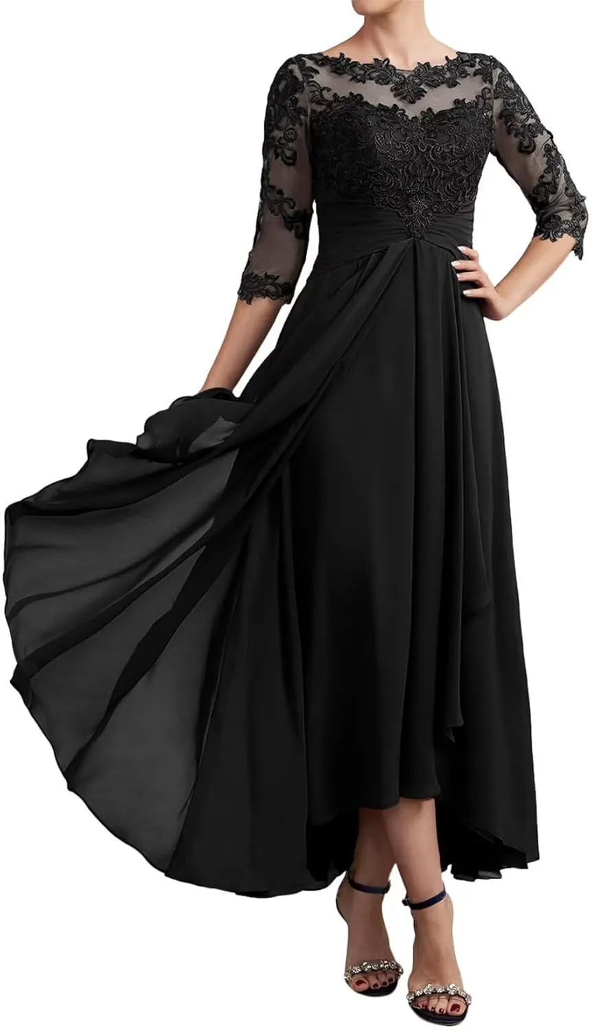 GDJDIFK Mother of The Bride Dresses Lace Applique - 3/4 Sleeve Ruched Tea Length Formal Dress