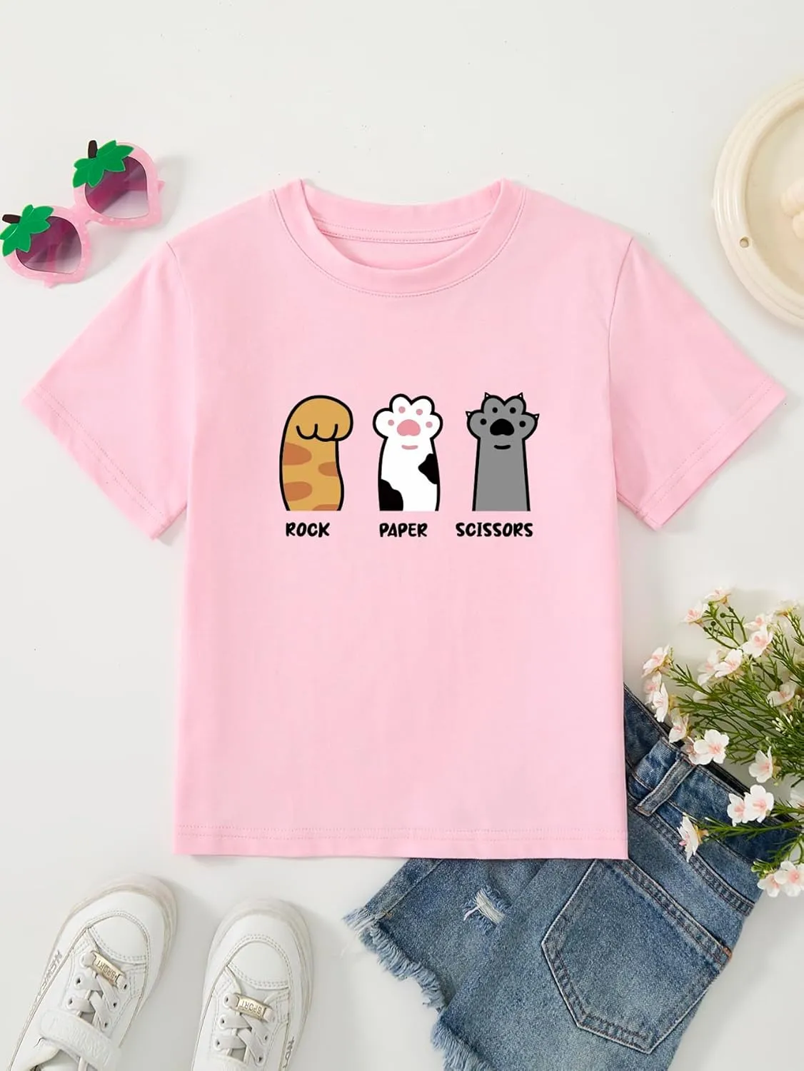 Girl's Rock Paper Scissors Cute Paw Funny Cat T-Shirt