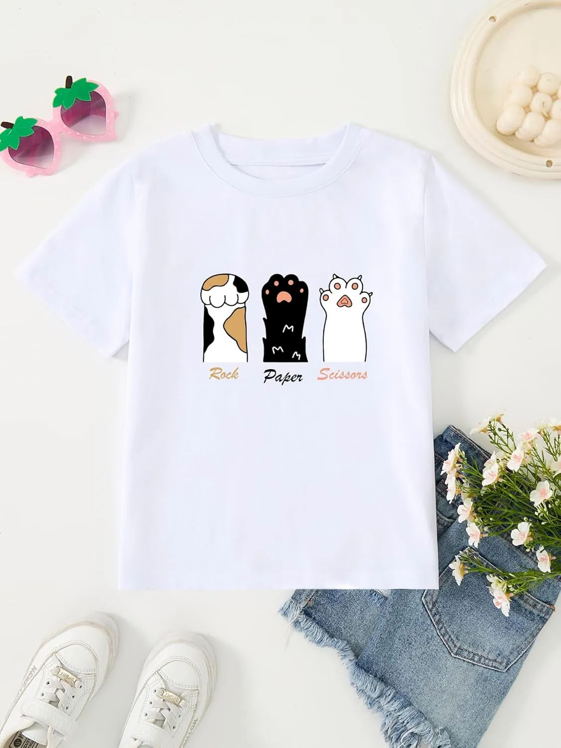 Girl's Rock Paper Scissors Cute Paw Funny Cat T-Shirt