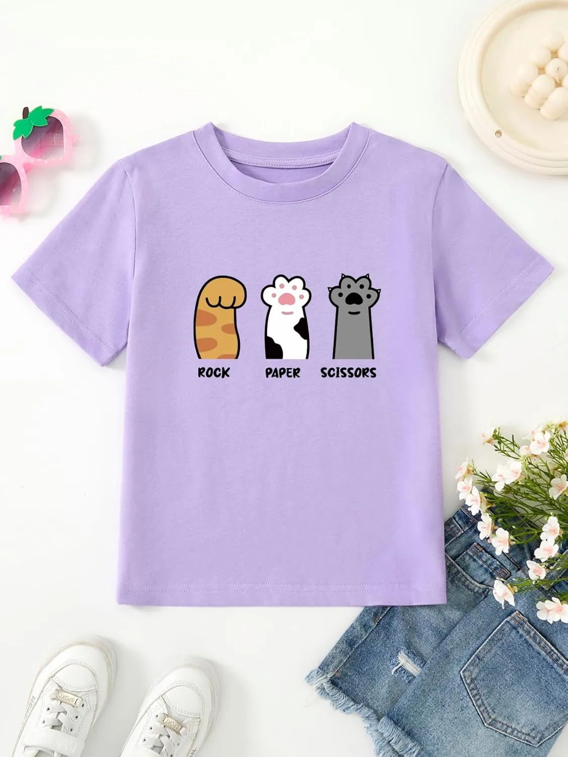 Girl's Rock Paper Scissors Cute Paw Funny Cat T-Shirt