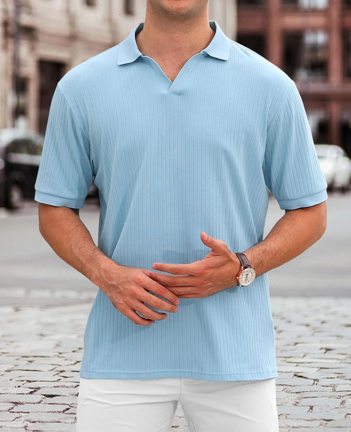 Hodaweislop Men's Knit Polo Shirts Short Sleeve V Neck Golf Shirt Casual Textured Summer Shirts