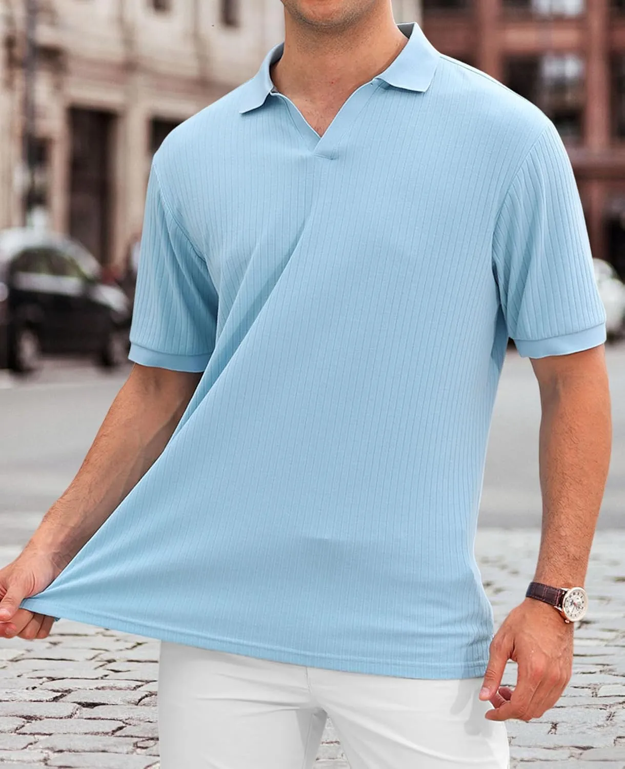 Hodaweislop Men's Knit Polo Shirts Short Sleeve V Neck Golf Shirt Casual Textured Summer Shirts