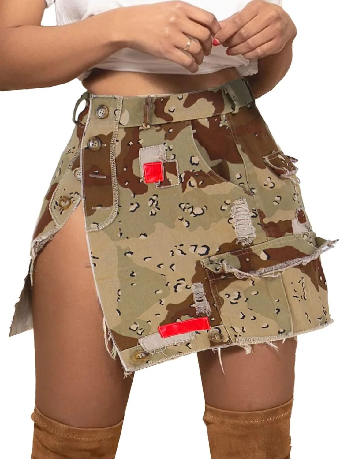 KANSOON Camo Skirt for Women High Waist Mini Denim Split Cargo Skirts with Pockets