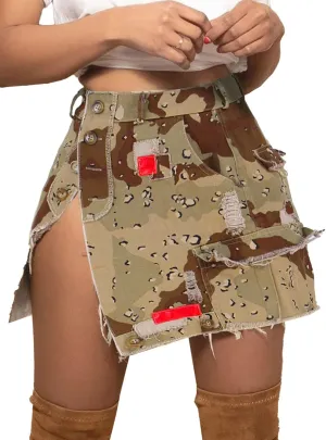 KANSOON Camo Skirt for Women High Waist Mini Denim Split Cargo Skirts with Pockets