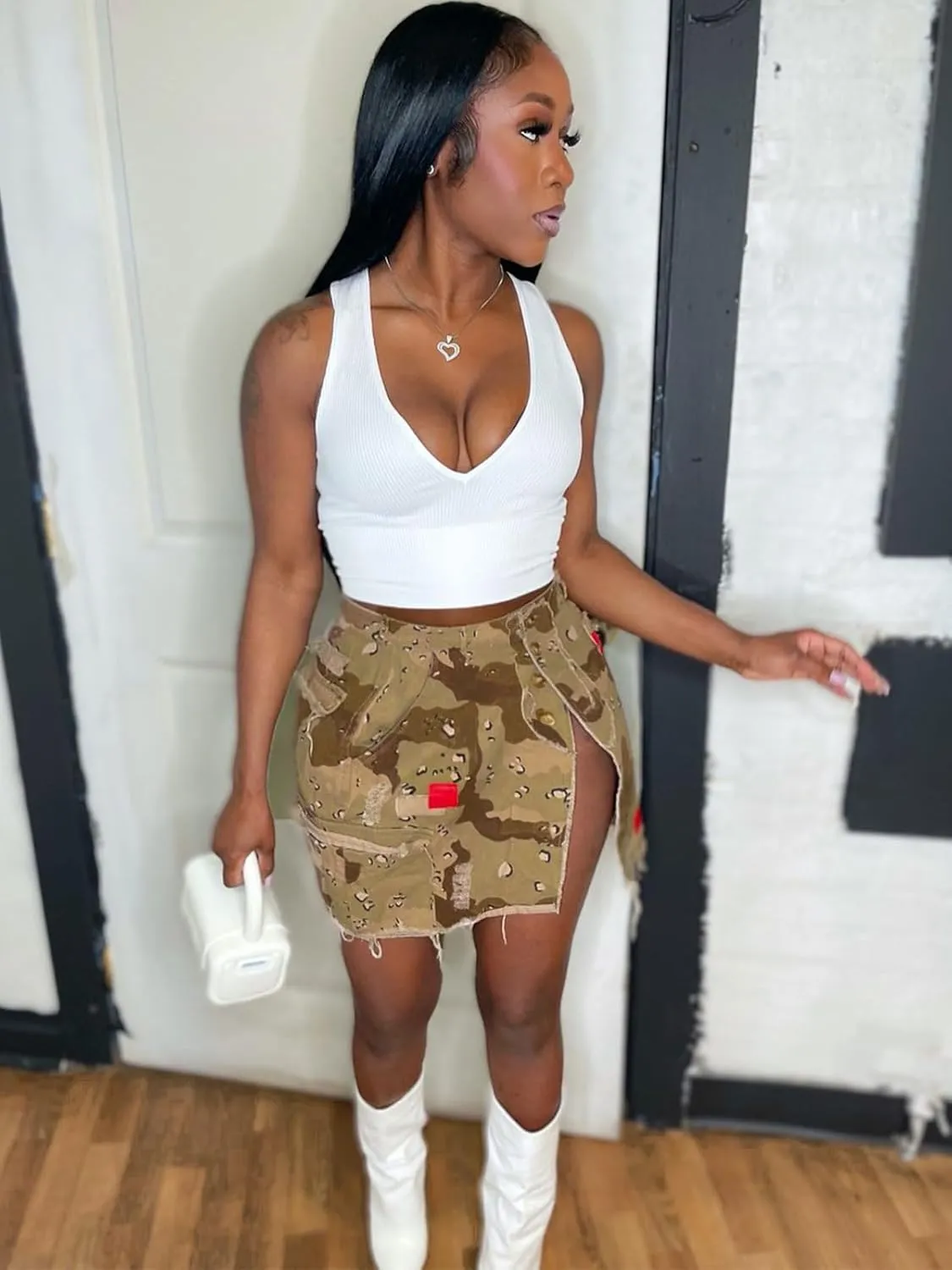 KANSOON Camo Skirt for Women High Waist Mini Denim Split Cargo Skirts with Pockets
