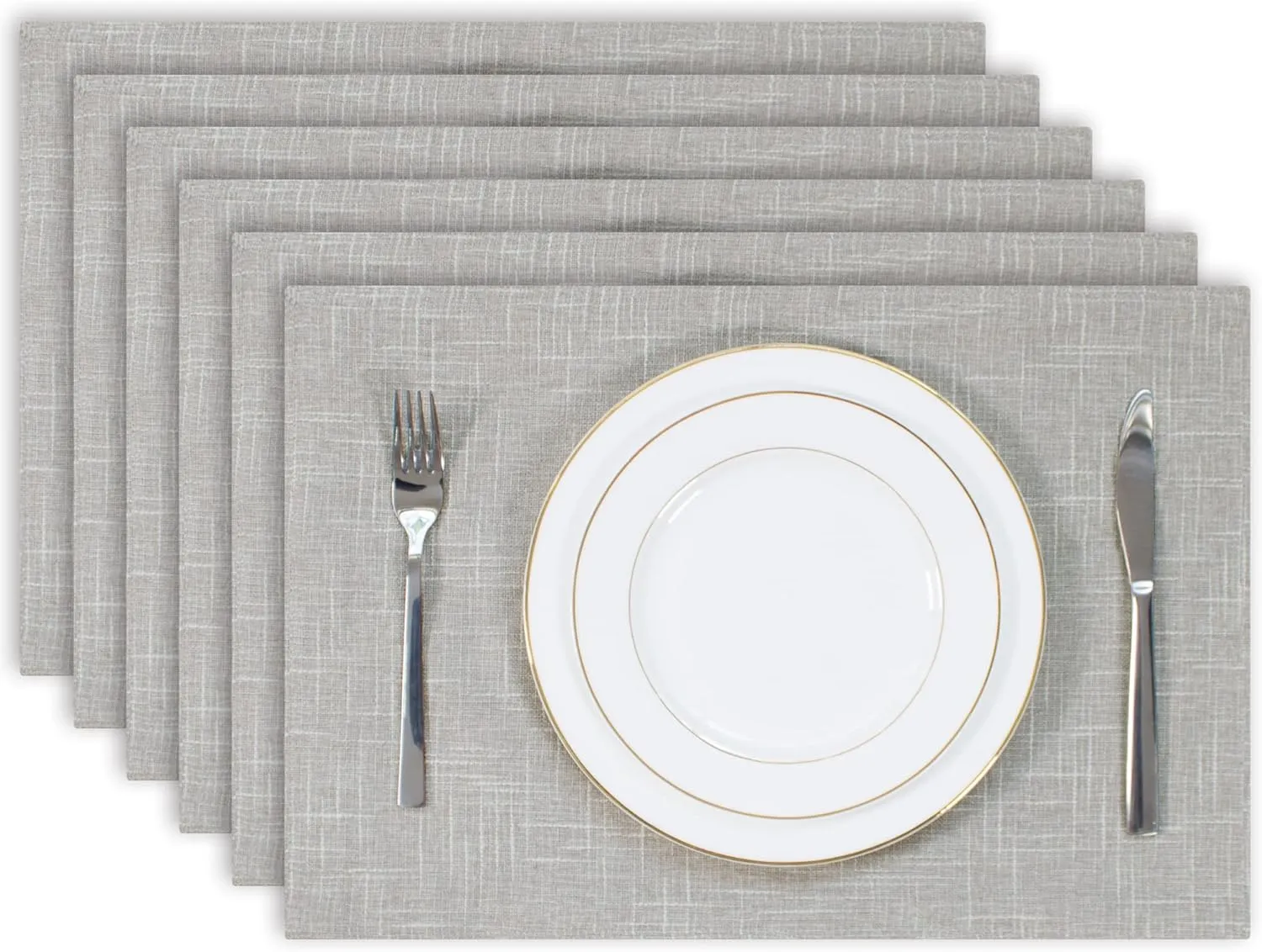 Kevin Textile Burlap Linen Placemats Set of 6 Heat Resistant Dining Table Place Mats Washable Kitchen Table Mats for Dinning Party Holiday Indoor Outdoor, 13 x19 inches, Grey White