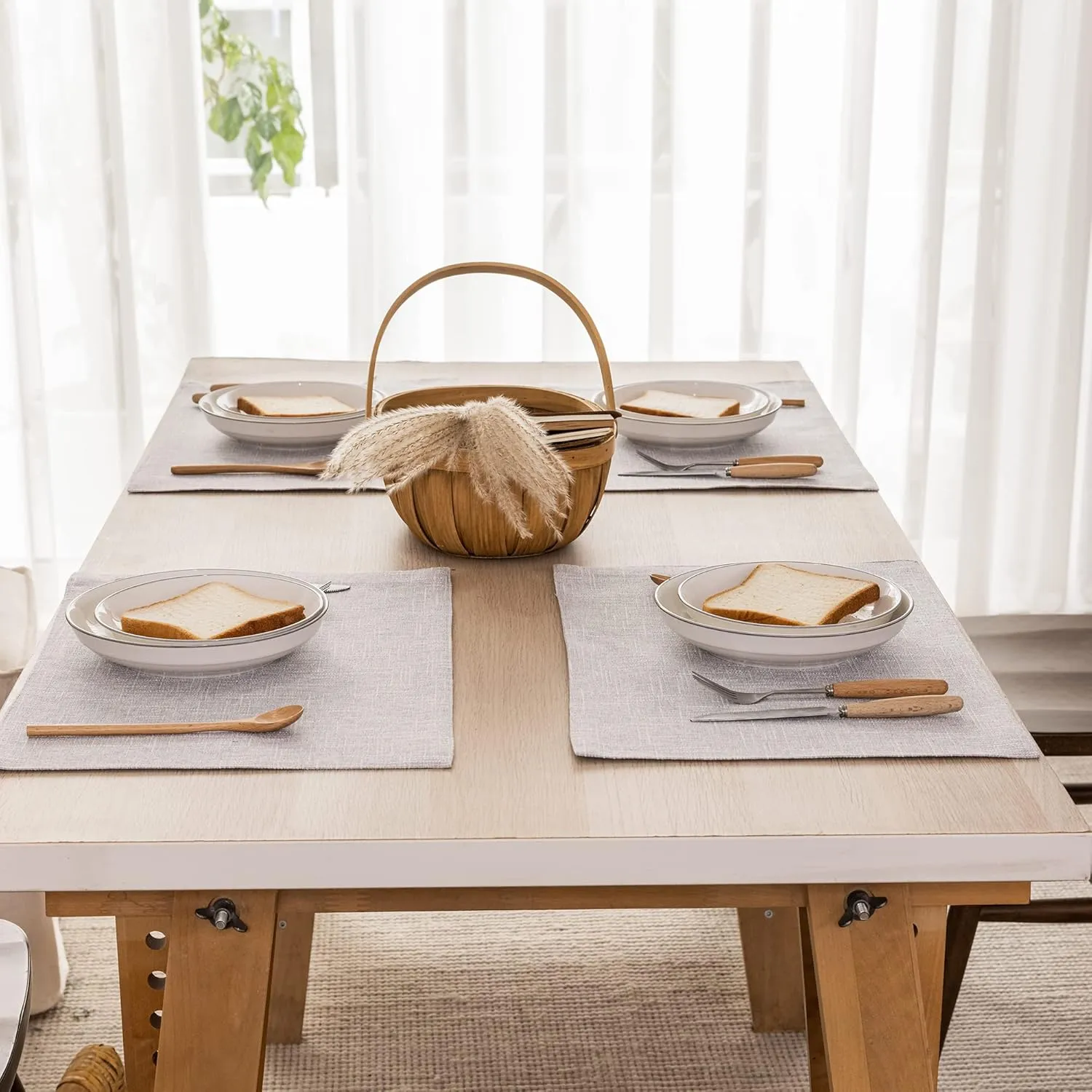 Kevin Textile Burlap Linen Placemats Set of 6 Heat Resistant Dining Table Place Mats Washable Kitchen Table Mats for Dinning Party Holiday Indoor Outdoor, 13 x19 inches, Grey White