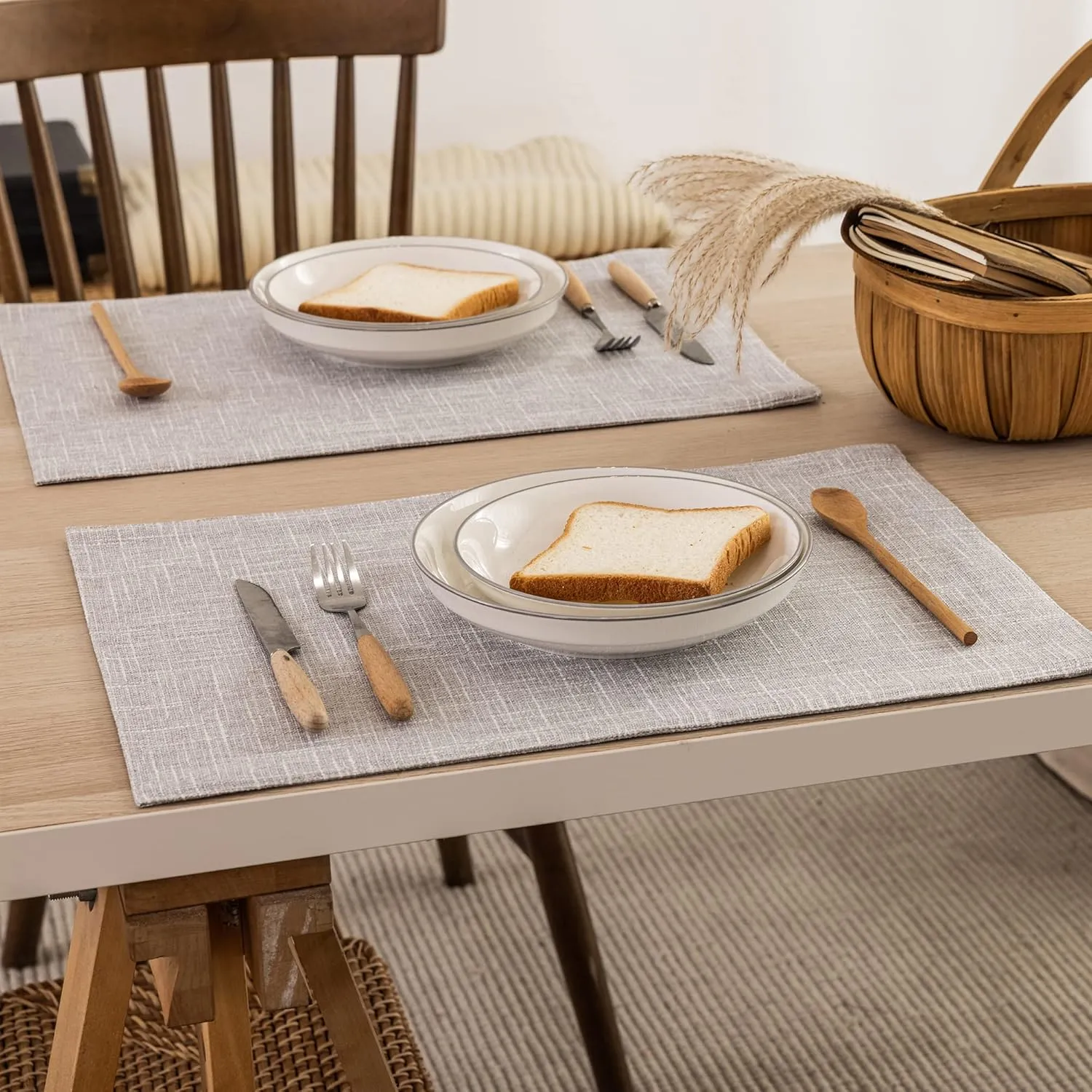 Kevin Textile Burlap Linen Placemats Set of 6 Heat Resistant Dining Table Place Mats Washable Kitchen Table Mats for Dinning Party Holiday Indoor Outdoor, 13 x19 inches, Grey White
