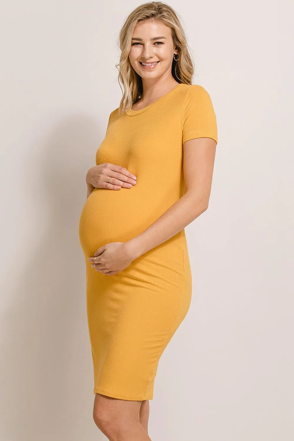 LaClef Women's Maternity Short Sleeve Bodycon Ribbed Dress