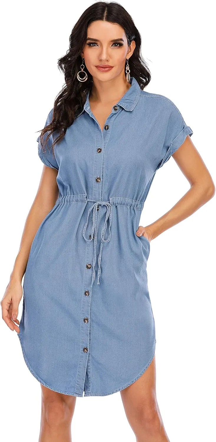 Love Welove Fashion Women's Summer Denim Cotton Shirt Dress Short Sleeves Knee Length Button Down Casual Dress with Pockets