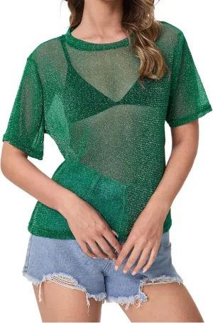 MakeMeChic Women's Summer Short Sleeve Tops Rock Concert Outfits Sequin See Through Mesh Sheer T Shirts Blouse