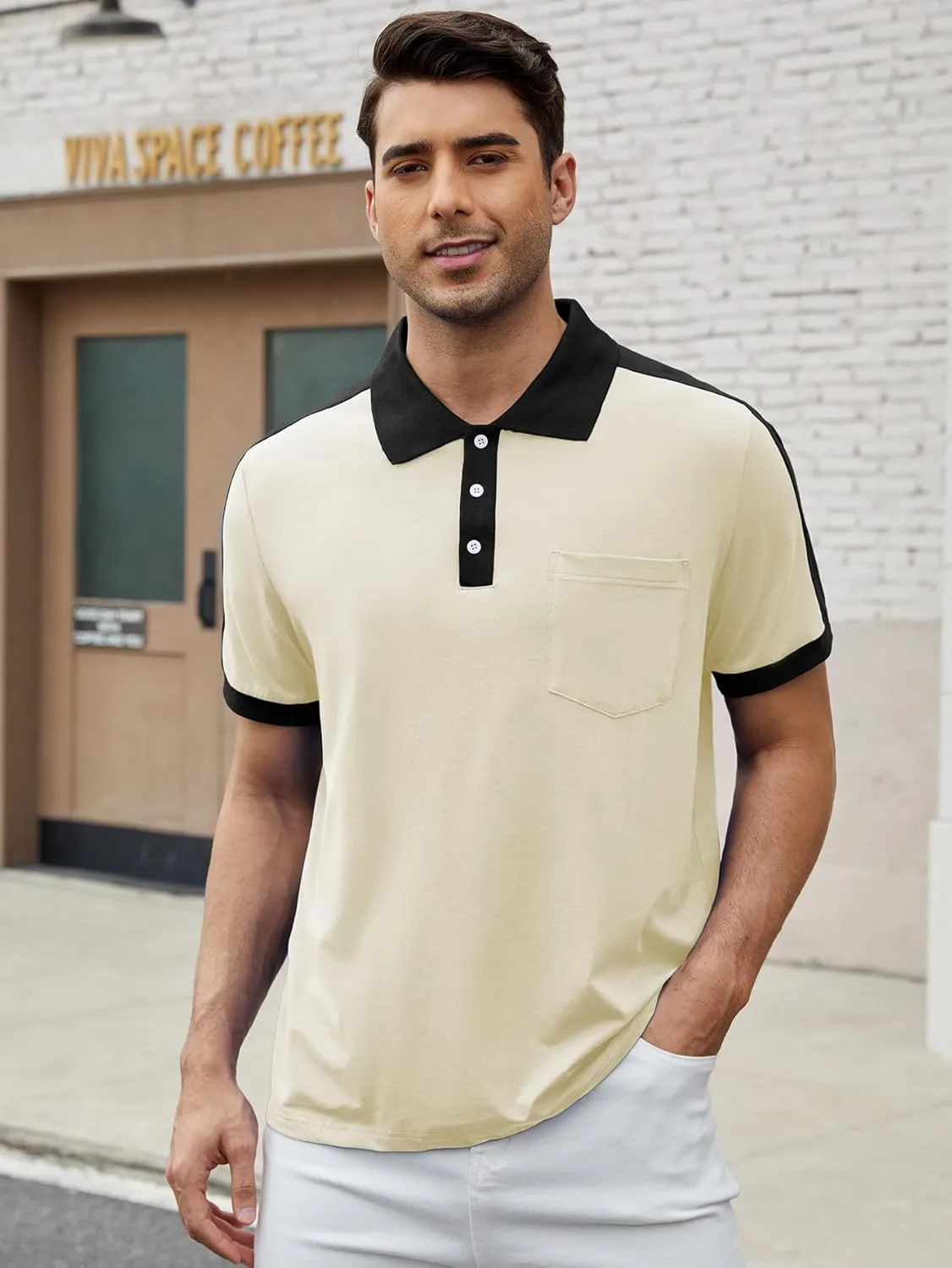 Men's Casual Polo Shirts Short Sleeve Classic Button Shirt Fashion Cotton Golf Tops with Pocket