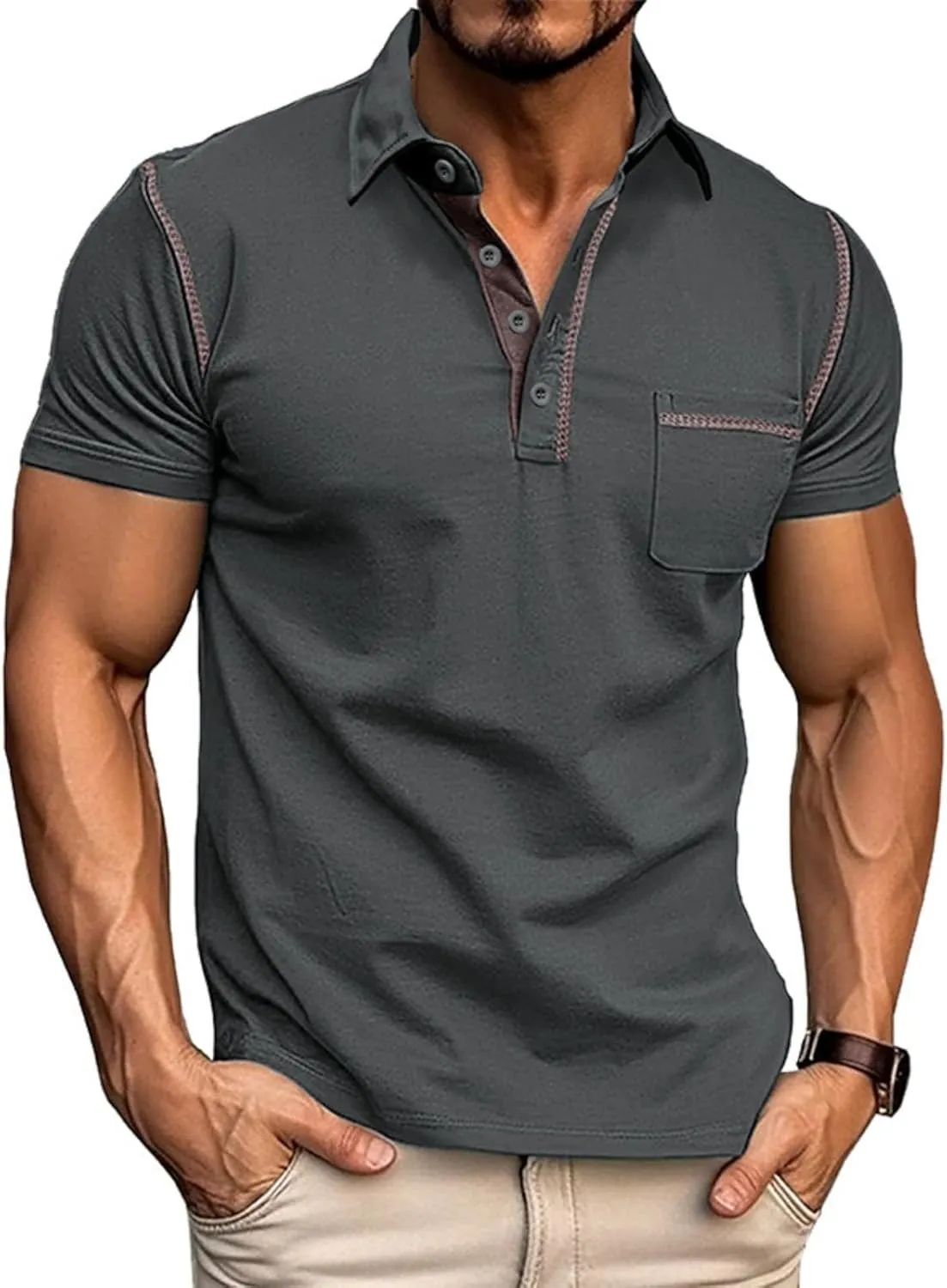 Men's Fashion Polo Shirts Classic Short Sleeve Lightweight Button Cotton T-Shirt Casual Golf Tee Tops with Pocket