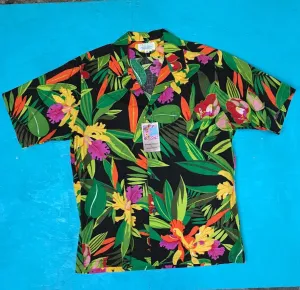 Men's Hawaiian Short Sleeve Shirt/ Vintage Surfline/ Bright Colors/ Tropical Floral Print Button Down Vacation Shirt M