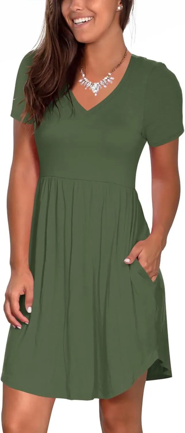 Nova In Sky Womens Summer Dress Short Sleeve Casual T Shirt Dresses 2025 Flowy Beach V-Neck Sundresses with Pockets