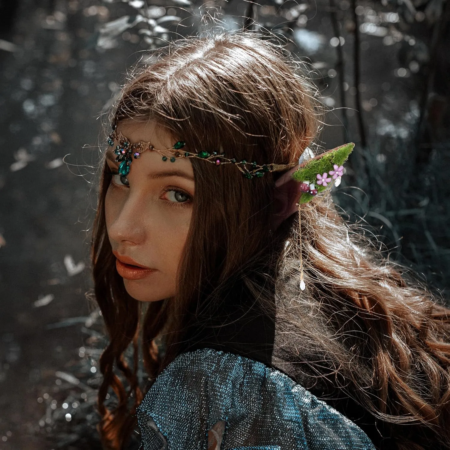 Renaissance Fairy Mushroom Brown Elf Ears - Silicone Pixie Mushroom Ear Cuffs with Moss Glass Teardrop Dangling Ear Clips for Women Men Anime Christmas Halloween Mushroom Costume Cosplay
