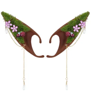 Renaissance Fairy Mushroom Brown Elf Ears - Silicone Pixie Mushroom Ear Cuffs with Moss Glass Teardrop Dangling Ear Clips for Women Men Anime Christmas Halloween Mushroom Costume Cosplay