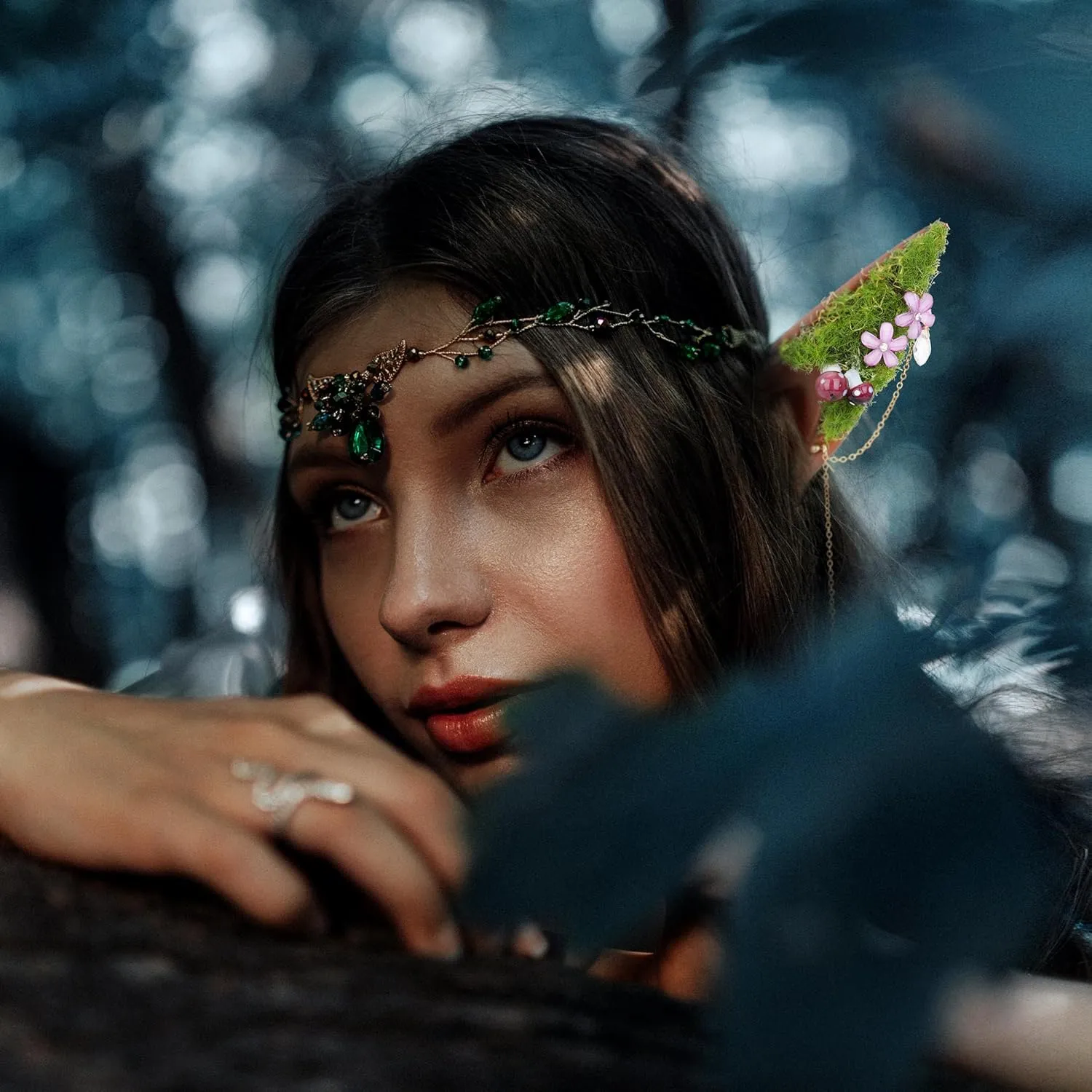 Renaissance Fairy Mushroom Brown Elf Ears - Silicone Pixie Mushroom Ear Cuffs with Moss Glass Teardrop Dangling Ear Clips for Women Men Anime Christmas Halloween Mushroom Costume Cosplay