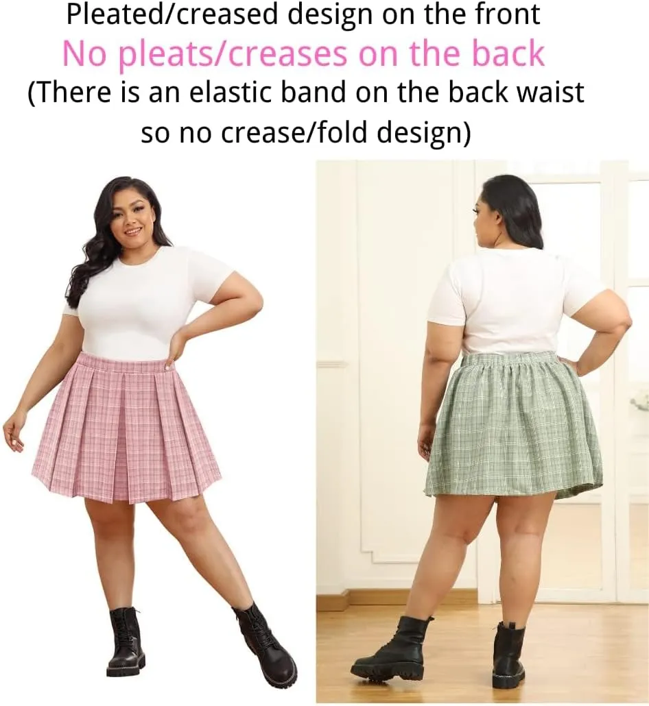 RITERA Plus Size Basic Versatile Stretchy Elastic Waist Flared Casual Mini Skater Skirt/Pleated Plaid Skirt for Women XL-5XL