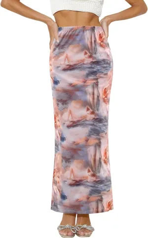 Segreto Women's Boho Maxi Bodycon Wrap Print Skirts Casual Elastic High Waist Long Pencil Skirt Stretchy Slim Fit Split Dress