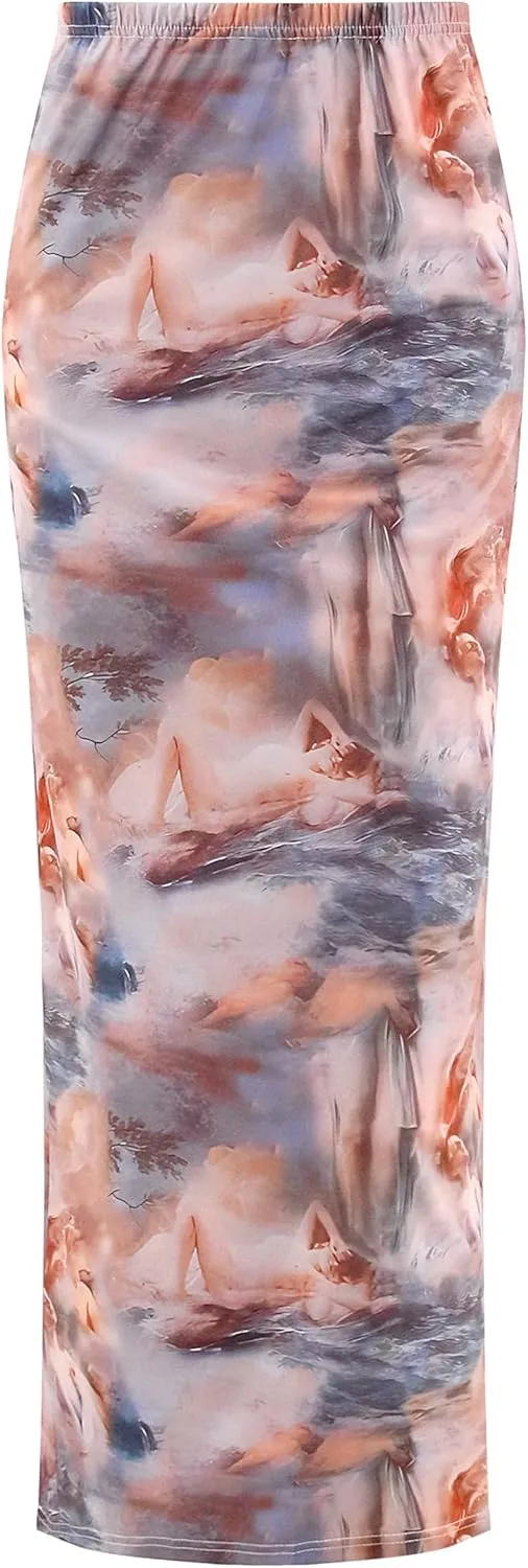 Segreto Women's Boho Maxi Bodycon Wrap Print Skirts Casual Elastic High Waist Long Pencil Skirt Stretchy Slim Fit Split Dress