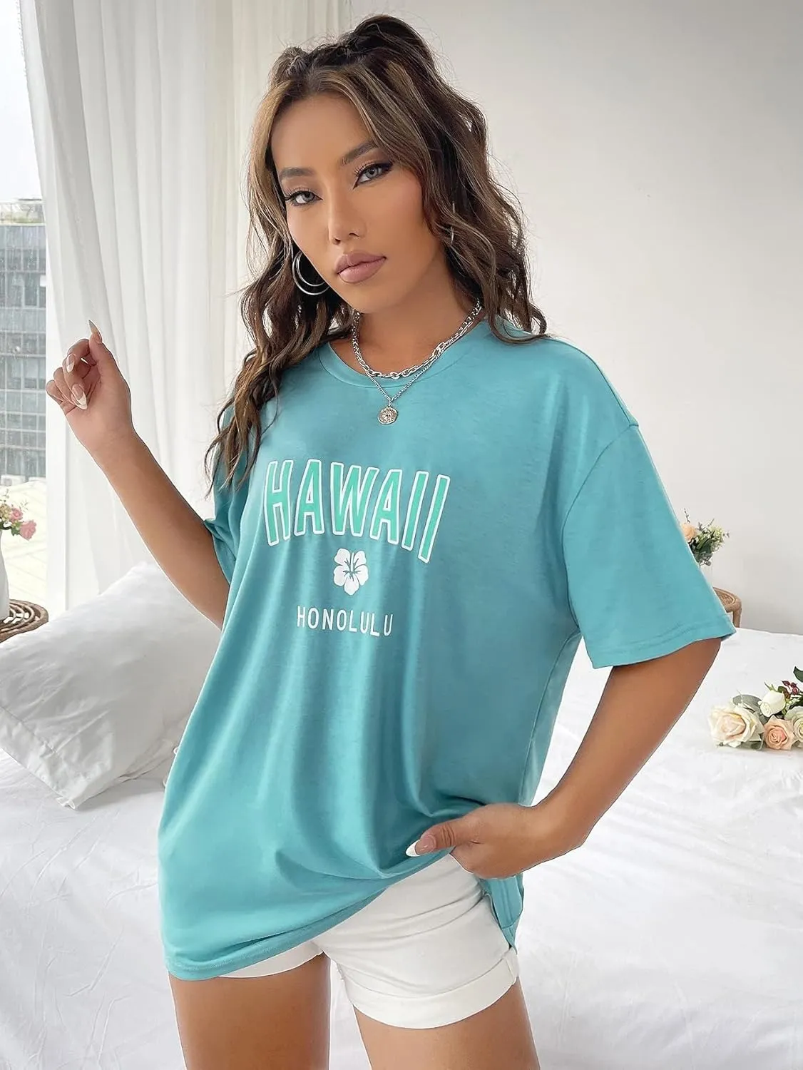 SOLY HUX Women's Oversized T Shirts Letter Print Casual Summer Tops Graphic Tees for Women