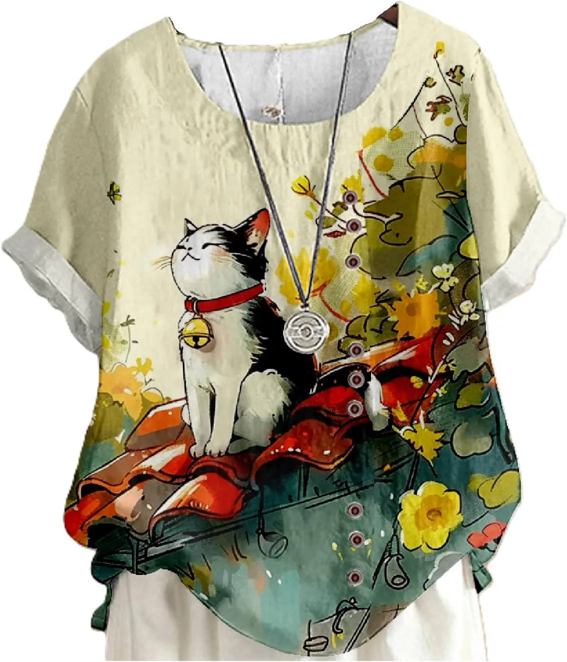 Summer Tops for Womens Cute Cat Print Short Sleeve Blouses Crewneck Lightweight Casual Lounge Japanese Art Tops