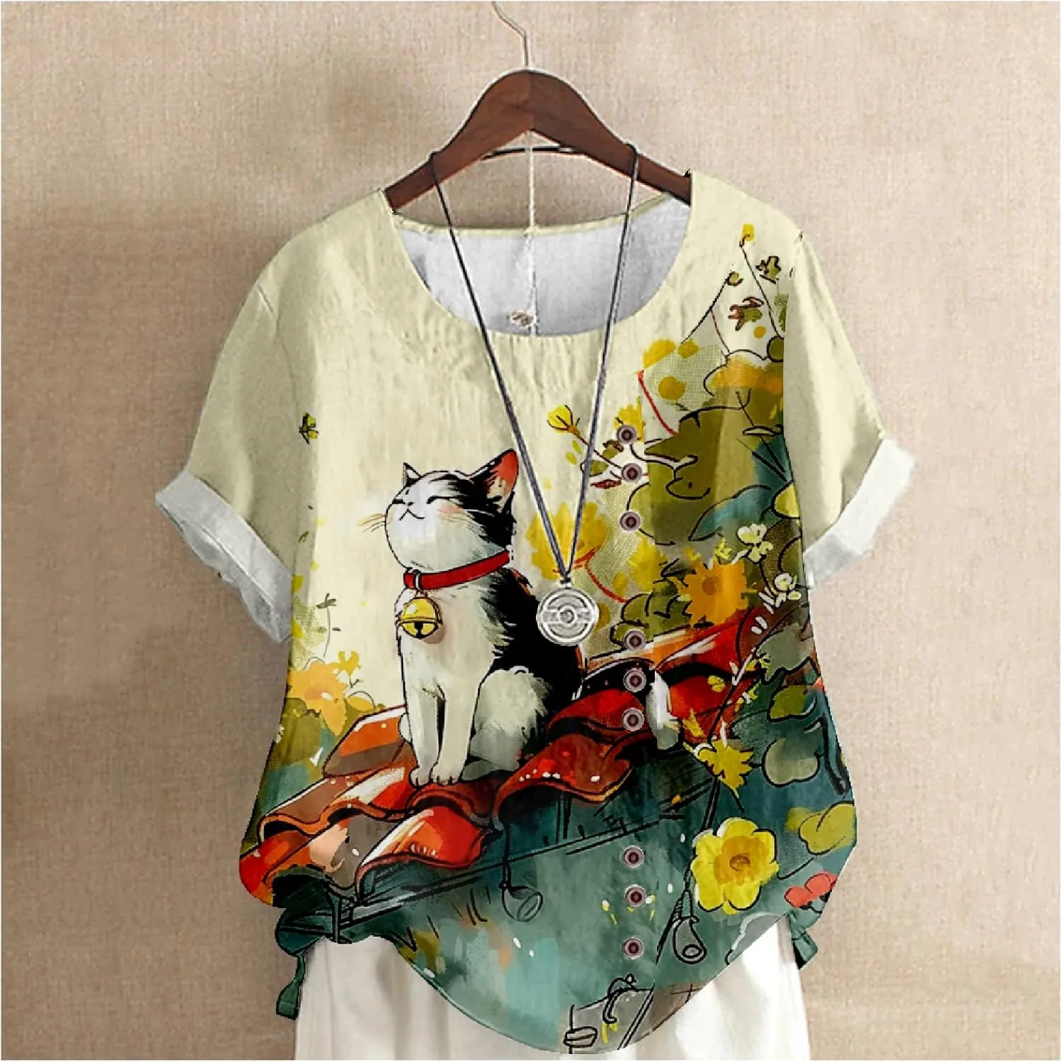 Summer Tops for Womens Cute Cat Print Short Sleeve Blouses Crewneck Lightweight Casual Lounge Japanese Art Tops