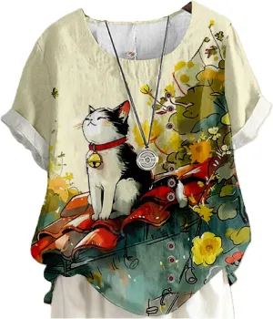 Summer Tops for Womens Cute Cat Print Short Sleeve Blouses Crewneck Lightweight Casual Lounge Japanese Art Tops