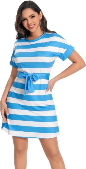 Summer Vacation Dresses for Women 2025 Crewneck Cap Short Sleeve with Belts