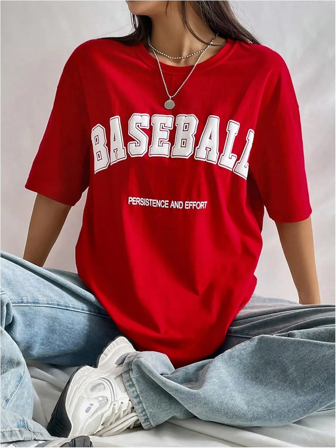 Verdusa Women's Summer Oversized Cute Shirt Graphic Print Short Sleeve Tunic Tops Casual Loose Drop Shoulder Crew Neck Tee
