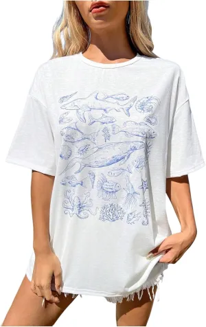 Verdusa Women's Summer Oversized Cute Shirt Graphic Print Short Sleeve Tunic Tops Casual Loose Drop Shoulder Crew Neck Tee