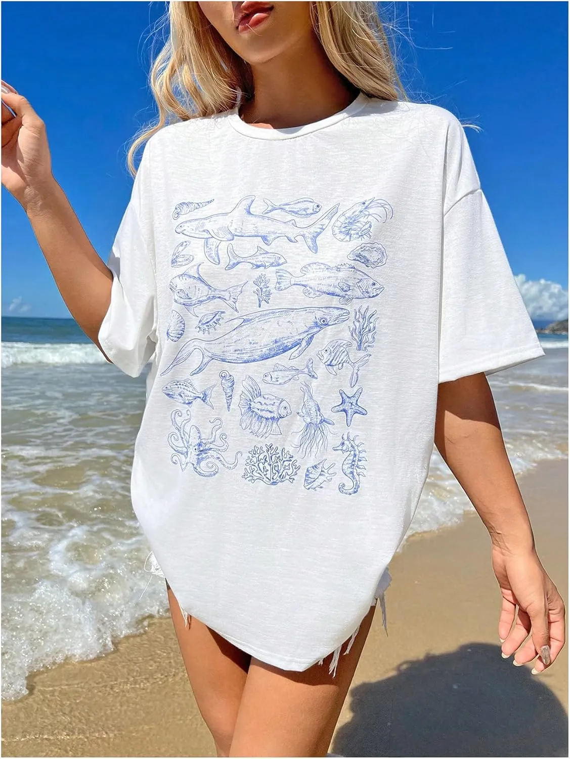 Verdusa Women's Summer Oversized Cute Shirt Graphic Print Short Sleeve Tunic Tops Casual Loose Drop Shoulder Crew Neck Tee