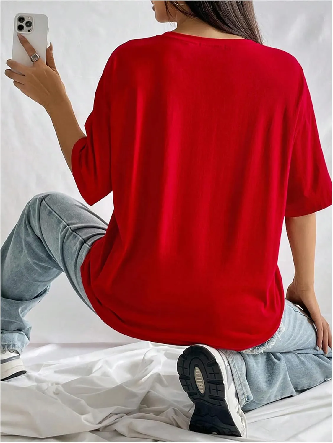 Verdusa Women's Summer Oversized Cute Shirt Graphic Print Short Sleeve Tunic Tops Casual Loose Drop Shoulder Crew Neck Tee
