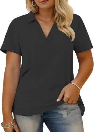 VISLILY Plus-Size-Summer-Tops for Women Collared V Neck Polo Shirts Flowy Tunics Trendy Short Sleeve Blouses 1X-5X