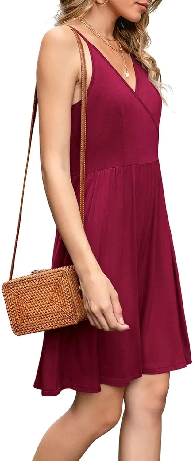 WEACZZY Women's 2025 Summer Dresses V Neck Spaghetti Strap Sundress Casual Beach Flowy Mini Dress with Pockets