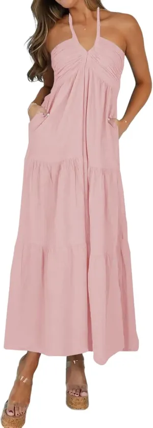 Women's Casual Halter Tiered Vacation Maxi Dress with Pockets