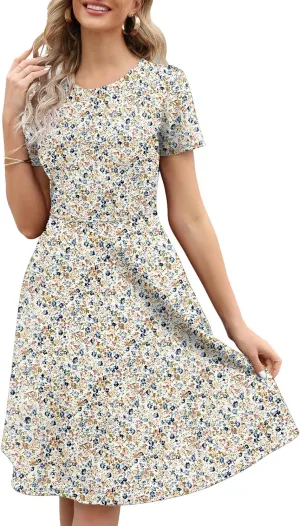 Women's Elegant Vintage Summer Casual Dresses 2025 Floral Print Work Party A-Line Dress with Pockets 262
