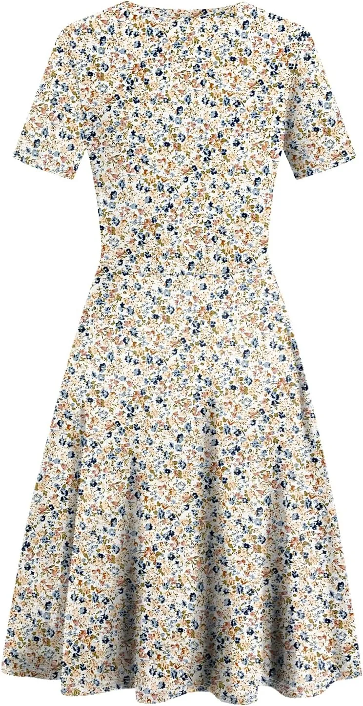 Women's Elegant Vintage Summer Casual Dresses 2025 Floral Print Work Party A-Line Dress with Pockets 262
