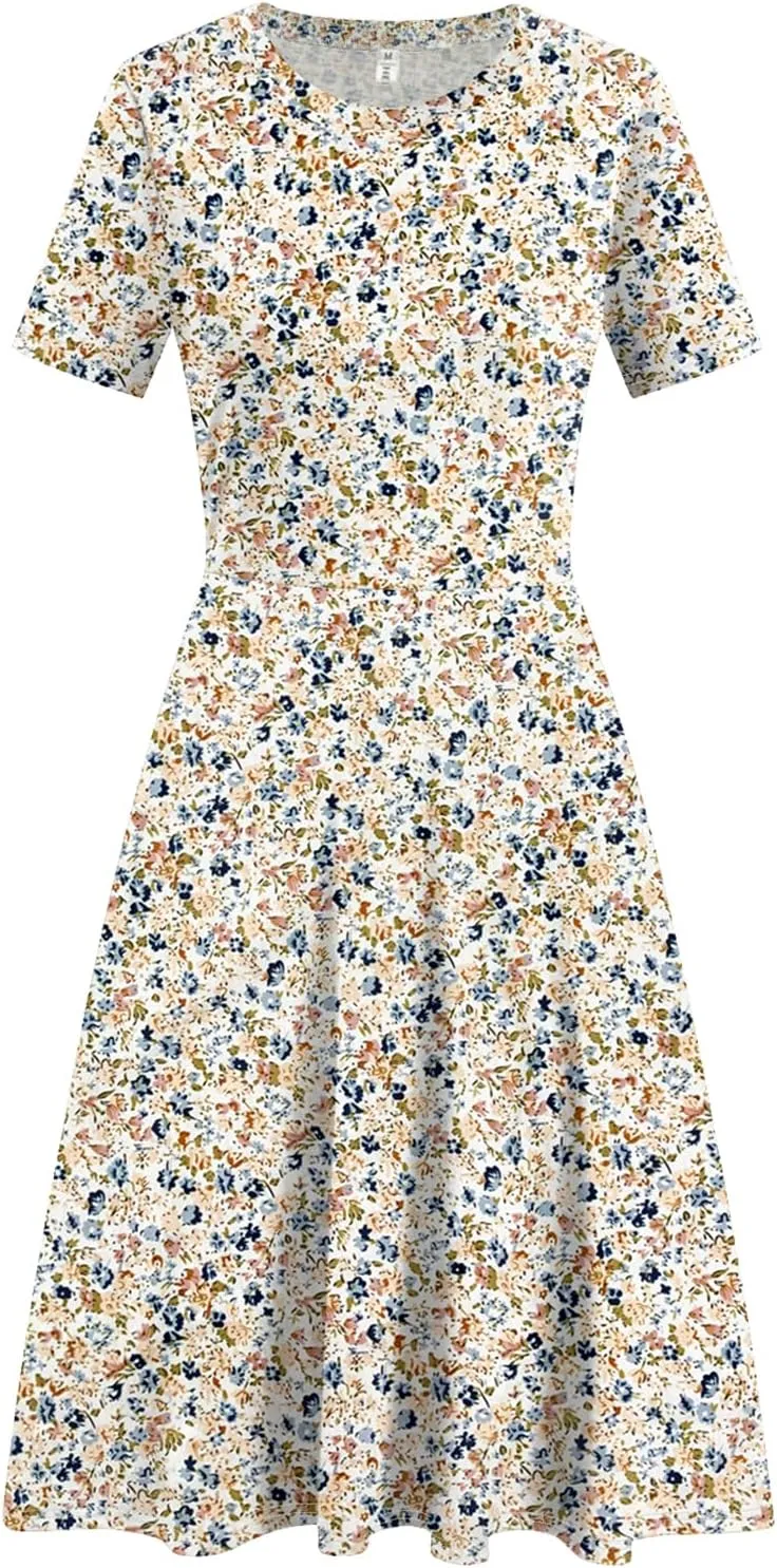 Women's Elegant Vintage Summer Casual Dresses 2025 Floral Print Work Party A-Line Dress with Pockets 262